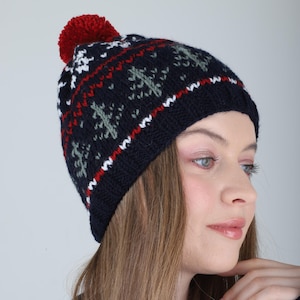 Hand-Knitted Wool Beanie - Stylish and Warm Winter Hat, Pine Tree and Snowflake Themed Cozy Winter Hat, Unisex Soft Knit Hat - Winter Style