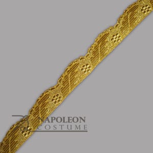 May include: Gold trim with a floral pattern. The trim is about 1 inch wide and has a scalloped edge.