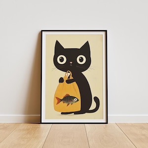 Cat Poster Animal Living Room Children&#39;s Room Cat with Fish Gift Cat Art Living Room Kitchen Wall Decoration Poster Color Cute Cat Picture