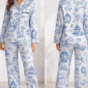 Blue Chinoiserie Satin Pajama Set for Women, Luxury Silk Pajamas, Rabbit Toile Print Sleepwear, Long Sleeve Button Up PJ Set, Bridal Gift
