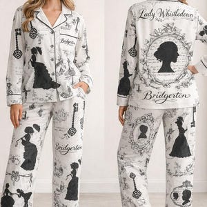 Bridgert0n Pajama Set for Women, Lady Sleepwear, Regency Style Satin Pajamas, Vintage Print Loungewear Gift