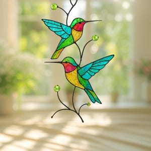 Stained Glass Hummingbird Wall Art, Gift for Mom, Custom Stained Glass Window Hangings, Hummingbird Stained Glass Birds, Fairy garden Decor
