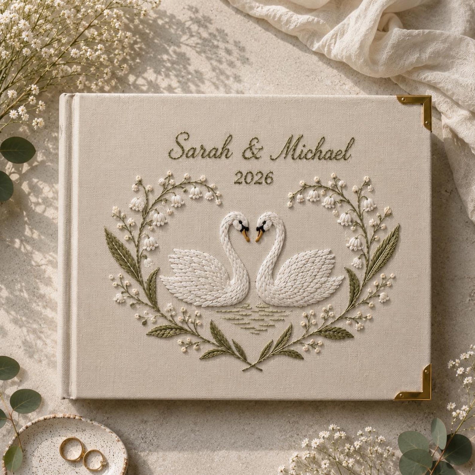 Personalized Wedding Guest Book, Embroidered Swan and Lily of the Valley Linen Book, Custom Bridal Shower Gift, Wedding Decor - A5 - 100 pages, 2