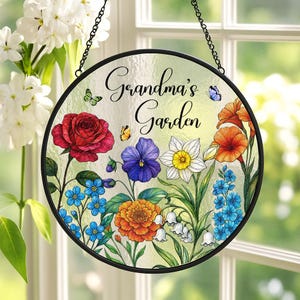 Custom Grandma Birth Flower Glass Suncatcher, Custom Family Birth Flowers Glass Art, Mother&#39;s Day Gift, Grandma Gift, Flower Gift For Mom