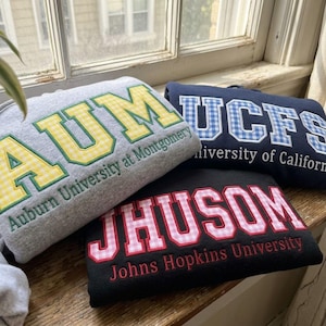 Embroidered Custom Sweatshirt Applique Letters, Personalized College Crewneck Gingham Floral Patchwork Varsity Shirt Trendy Gift