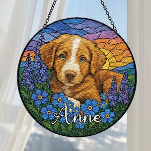 Dog Forget Me Not Stained Glass Suncatcher, Custom Pet Portrait Sun Catcher Window Hanging, Loss Of Pet Sympathy Gift, Pet Memorial Gift
