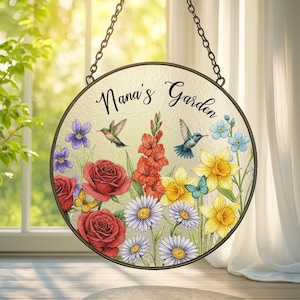 Personalized Grandmas Garden Gift for Grandma,Grandma Gift, Family Birth Flower,Hummingbird Stained Glass Suncatcher,Mother Day Gift for Mom