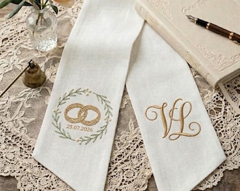 Personalized Embroidered Wedding Sash, Rings, Monogram, Ivory Linen Bouquet Wrap, Custom Flower Bouquet Sash, Gift For Bride