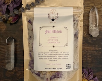 12 or 6 oz Full Moon Bath Salts • Dead Sea Minerals • Organic Botanicals • Calming essential oils • Lavender • Manifesting • Intuition
