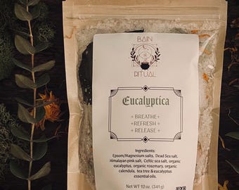 12 or 6 oz. Eucalyptica bath Salts • Aromatherapy Mineral salts • Organic Botanicals, Rosemary + Eucalyptus • Tea Tree • Quartz Crystals