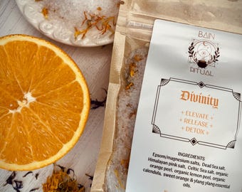 12 or 6 oz. Divinity Bath Salts • Quartz Crystals •  Sweet Orange + Calendula • Organic Botanicals • Protection, Renewal + Aura Cleansing