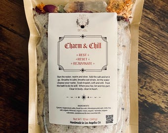 12 or 6 oz. Charm & Chill Bath Salts • Organic Botanicals • Quartz Crystals • Dead Sea Minerals • Rose + Sandalwood Essential Oils