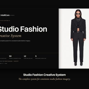 May include: A digital interface display titled Studio Fashion Creative System by IntelliCore Studio. The layout features white text on a black background, listing 21 creative recipes, 50 poses, 12 lighting setups, and 5 swappable modules.