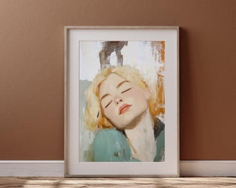 Vrouwenportret | Gemailde afdruk | Vintage poster | Woondecoraties | Poster slapende vrouw | Muurkunst met textuur | Gedempte neutrale kleuren | Schilderij