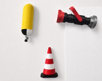 Firefighter Magnetic Set | Hollow jet nozzle, breathing air cylinder and traffic cones | For refrigerator, locker or magnetic board
