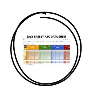 Op de afbeelding: Een screenshot van een spreadsheet met de titel "EASY BREEZY ABC DATA SHEET" met een zwarte omtrek. De spreadsheet heeft meerdere kolommen en rijen met kleurgecodeerde secties. De tekst is zwart op een witte achtergrond.