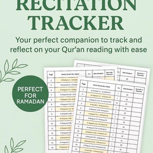 Peut inclure: Un suivi de récitation du Coran imprimable avec un design vert et blanc. Le texte comprend "Qur'an Recitation Tracker" et "Perfect for Ramadan". Le suivi comporte des pages pour enregistrer la sourate, la date et les notes. Comprend 40+ pages.