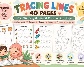 Pode incluir: Um caderno de exercícios imprimível em PDF de 40 páginas para traçar linhas, destinado a crianças de 3 a 6 anos, focado na pré-escrita e no controle do lápis. Inclui folhas com linhas retas, curvas, ziguezagues, laços, formas e padrões.