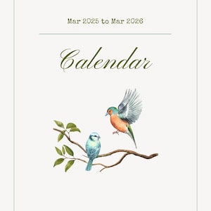2025-2026 Druckbarer Kalender A4 | Minimalistischer Aquarell Vogel Planer | März 2025 - 2026 Digitaler Download | PDF Monatsplaner