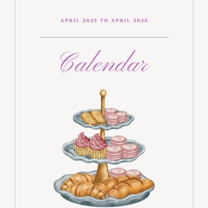 Calendario imprimible A4 2025-2026 / Planificador minimalista de postres con acuarela / Descarga digital abril 2025-2026 / Planificador mensual en PDF