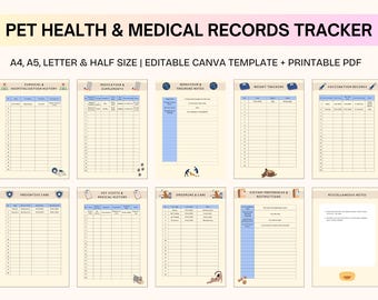 Plantilla de seguimiento de salud de mascotas, historial médico y visitas al veterinario (plantilla digital de Canva)