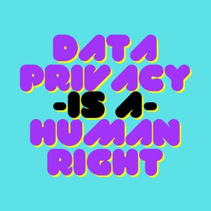 May include: Purple and yellow text on a blue background reads "Data Privacy -is a- Human Right".