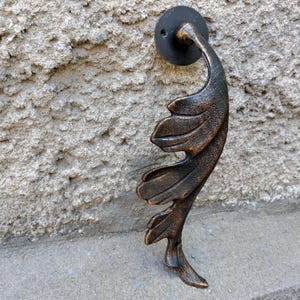 Forged Bronze Patina Leaf Door Handle - Handcrafted Metal Pull - 27cm