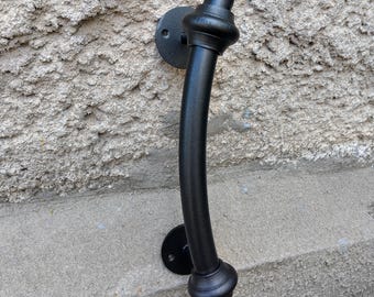 Hand-Forged Black Metal Door Handle: Curved Steel Pull, Decorative Elements