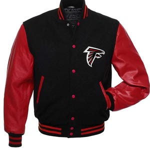 Atlanta Falcons Black Body Red Leather Sleeves Personalized Varsity Jacket Baseball Jacket Team Varsity Jackets Varsity Jacket