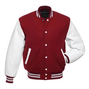 Maroon Varsity Letterman Jacket: White Leather Sleeves, Custom Options