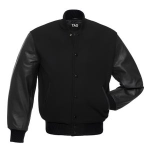 Black Letterman Jacket: Fleece Body, Faux Leather Sleeves