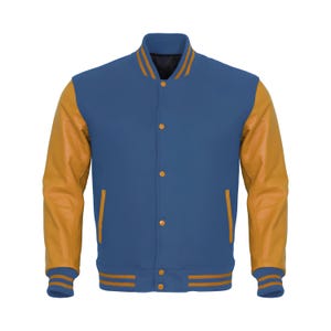 Sky Blue Varsity Letterman Jacket: Gold Leather Sleeves, Personalized
