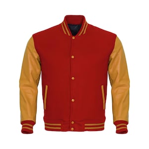 Red Varsity Letterman Jacket: Gold Faux Leather Sleeves, Personalized