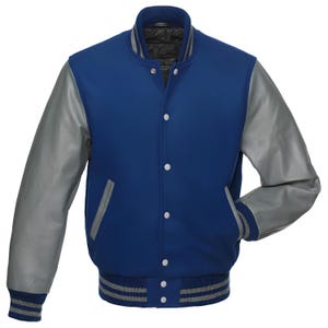 Custom Royal Blue Letterman Jacket: Grey Leather Sleeves, Personalized Varsity