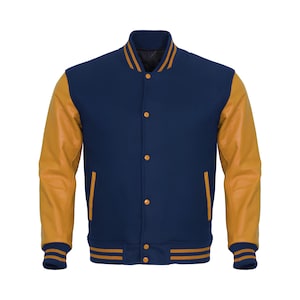 Navy Blue Varsity Letterman Jacket: Gold Faux Leather Sleeves