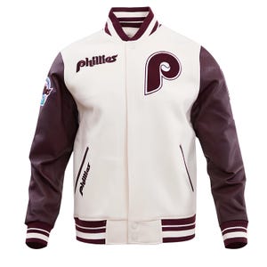 Philadelphia Phillies Varsity Jacket: Maroon Leather Sleeves, Off White Fleece