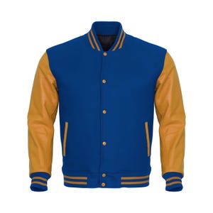 Royal Blue Varsity Letterman Jacket: Gold Leather Sleeves, Personalized