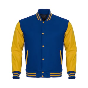 Royal Blue Varsity Letterman Jacket: Yellow Leather Sleeves, Personalized