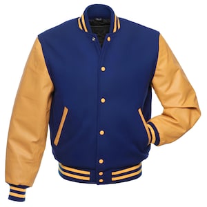 Royal Blue Varsity Letterman Jacket: Gold Faux Leather Sleeves