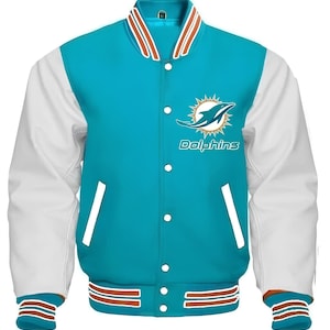 Chaquetas de los Miami Dolphins con cuerpo turquesa y mangas de cuero blanco, hechas a medida, para hombre, estilo universitario.