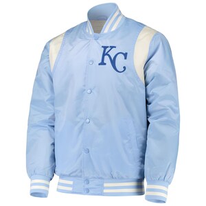 Kansas City Royals White Sky Blue Satin Custom Varsity Jackets Baseball Jacket Letterman Jacket Personalized Varsity Jacket
