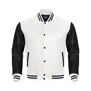 Mens Varsity Jacket: White Fleece Body, Black Faux Leather Sleeves