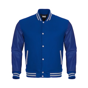 Mens Royal Blue Varsity Jacket: Blue Leather Sleeves, Personalized Option