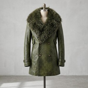 Olive Green Leather Trench Coat Men Fur Shearling Collar Double Breasted Leather Peacoat Vintage Olive Green Winter Coat Long Leather Jacket