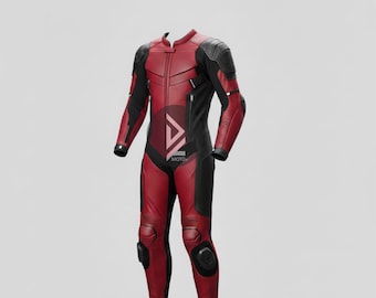 Può includere: Tuta da corsa per moto rossa e nera con chiusura a zip. La tuta presenta dettagli neri su spalle, braccia e gambe, con protezioni sulle ginocchia. Il testo "AV MOTO" è visibile sul petto.