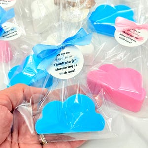 May include: Cloud-shaped soaps in blue, pink, and white, packaged in clear cellophane bags. Each bag is tied with a ribbon and a tag that reads "We are on cloud nine. Thank you for showering us with love!"