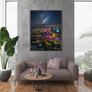 Las Vegas Cityscape Wall Art | Neon Skyline Night Poster | Milky Way Digital Print | Vegas Lights Photography