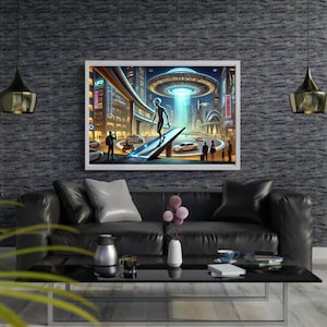 Alien Cityscape Sci-Fi Art | Futuristic UFO Digital Poster | Extraterrestrial Wall Decor | Cyberpunk Galaxy Printable
