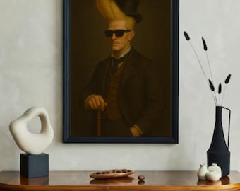 May include: Framed portrait of a man in a suit and sunglasses with a tall, blonde hairstyle and a top hat. The artwork is displayed on a wooden cabinet with decorative items, including a white sculpture and a black vase with dried plants.
