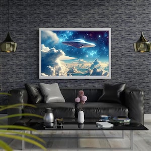 UFO in the Sky Digital Art | Sci-Fi Spaceship Poster | Futuristic Alien Wall Decor | Space Galaxy Printable Download